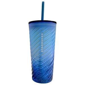 Starbucks Glass Tumbler - Blue Diagonal Sheen Ombre Textures Swirl - NWT - 18 oz